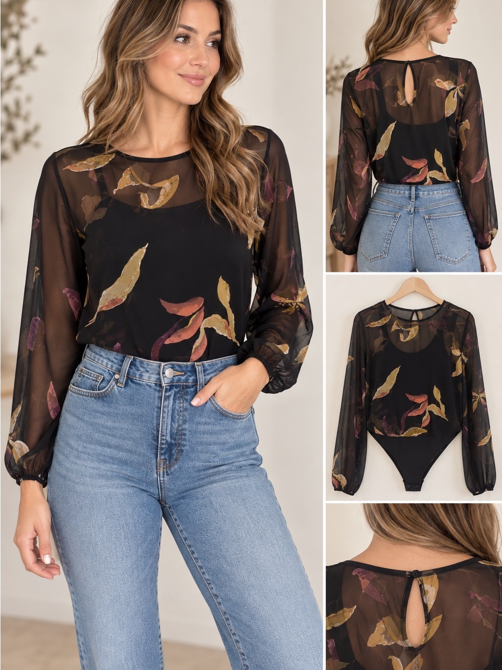 Wilfred Black Sheer Floral Long Sleeve Bodysuit Size L